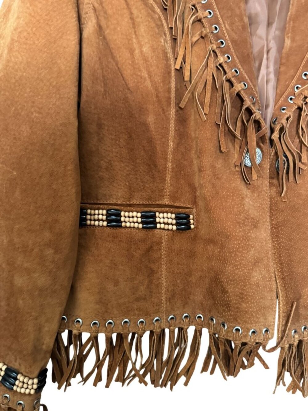 Cripple Creek Womens Western Suede Fringe Jacket Beaded Trim Brown XL 23" Vintag - Picture 10 of 14